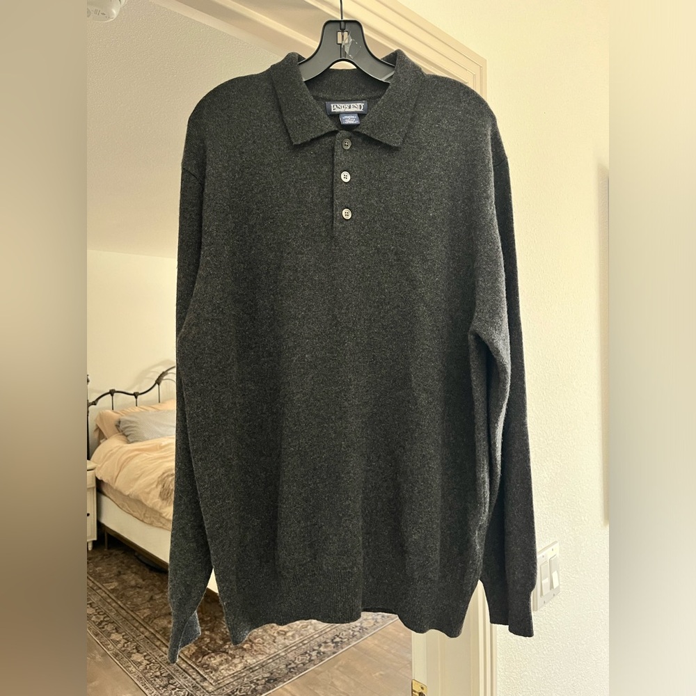 Lands’ End Men’s Long Sleeve Cashmere Sweater Polo - L